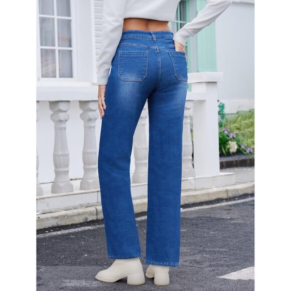 Fleece Lined Jeans Women Straight High Waist Denim Winter Pants with Pockets - Picture 4 of 5